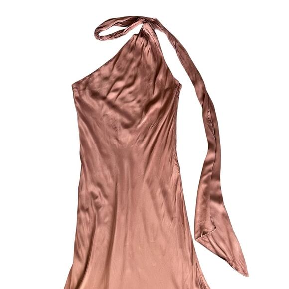 BHLDN Anthropologie Nicoletta One Shoulder Scarf Satin Midi Dress Cedar Brown XL - Picture 3 of 15